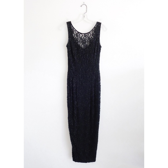 Vintage 90s Black Beaded Lace Gown Dress sz 4 - Picture 2 of 7